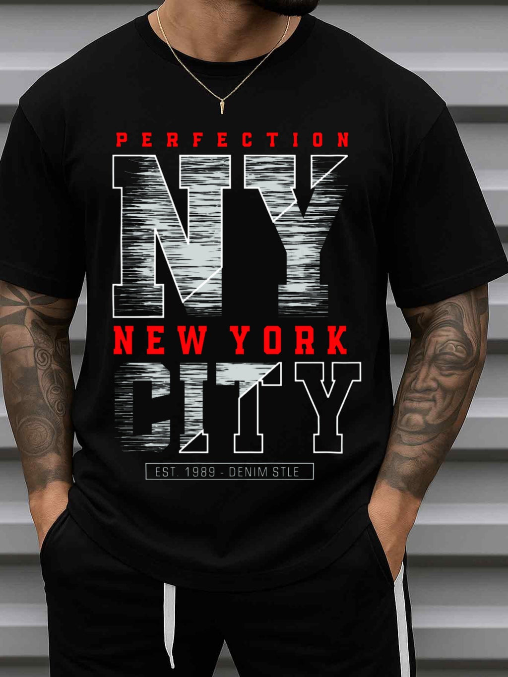 Men's NY Perfection Tee 180g 100% Cotton T-Shirt - Black Short Sleeve Round Neck Casual Shirt with Minimalist NY Logo Print, All-Season Comfortable Casual Attire for Gym, Office, Parties, Gift for Christmas, Halloween, Birthdays