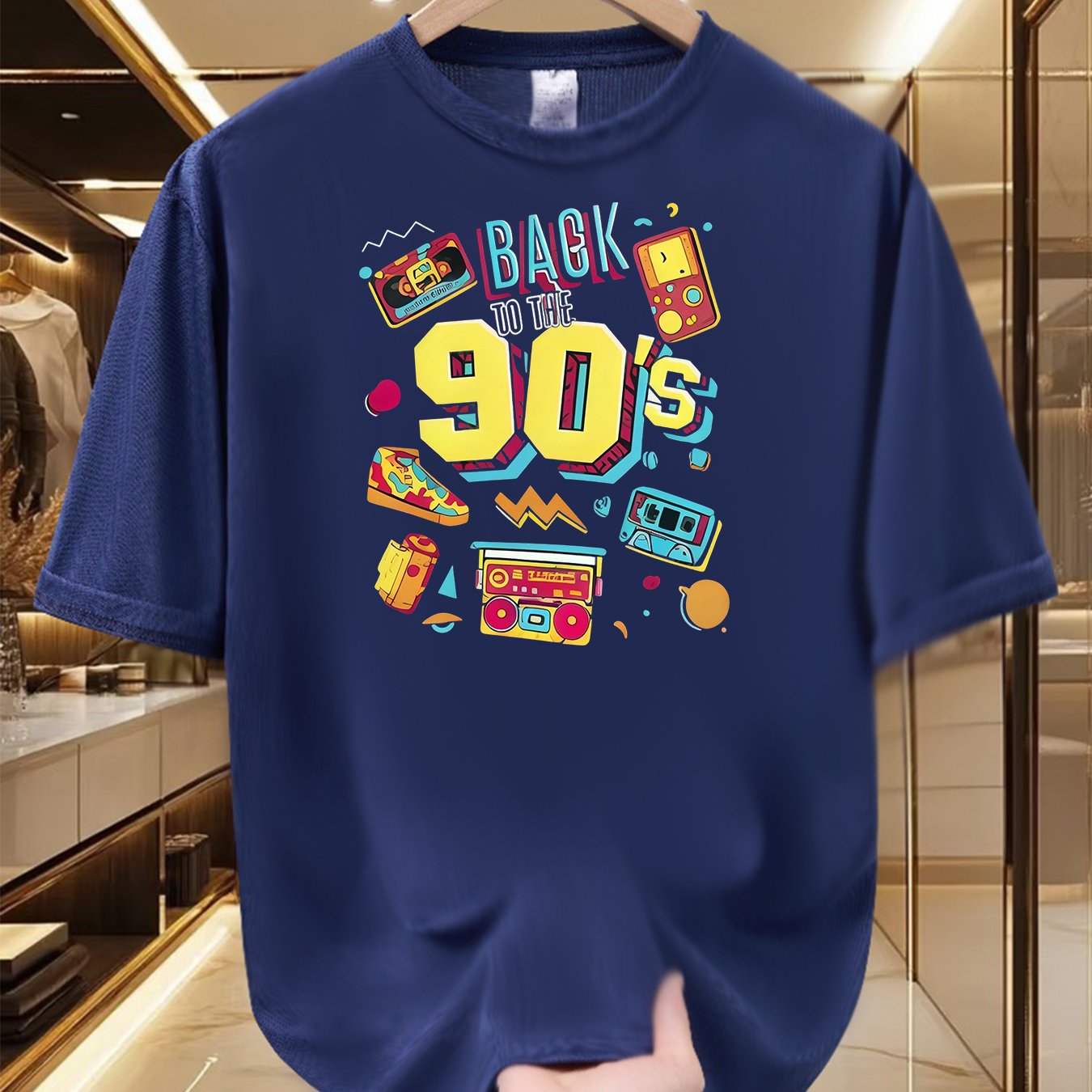 Men'S 90S Retro Graphic Tee - Vintage Feel, Comfortable And Airy, Made of 100% Polyester, Round Neck, Short Sleeves for Summer, Vibrant Print, Retro Hip-Hop Style Shirt