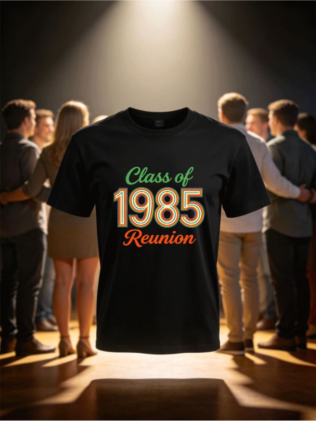 Class of 1985 Reunion T‑Shirt, Vintage Rainbow Concentric Number Graphic Tee, Retro 80s Vibe Throwback Squad Shirt, Men Casual Top for Alumni Meet‑up Celebration