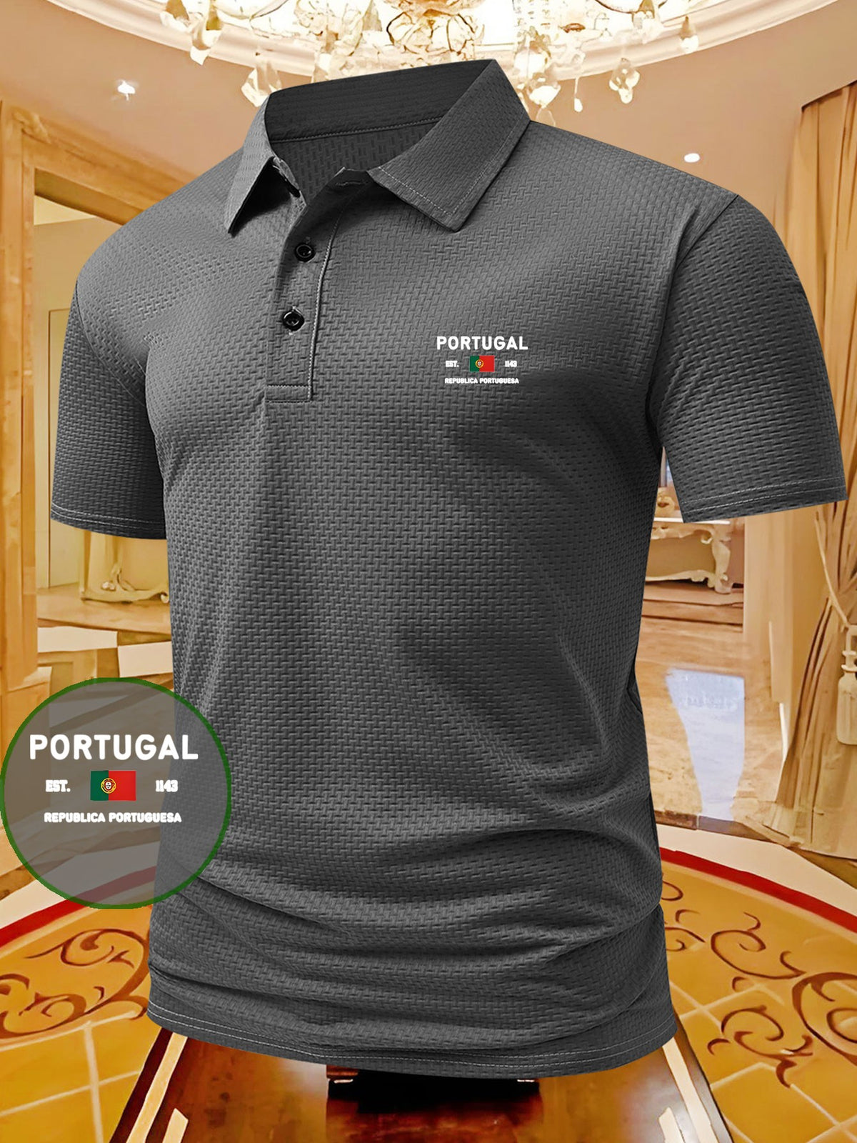 PORTUGAL Letter Pattern Men's Printed Polo Shirt, Short-Sleeve Lightweight Performance T-Shirt, Casual Sporty Style Stretchy Comfortable Plaid Top