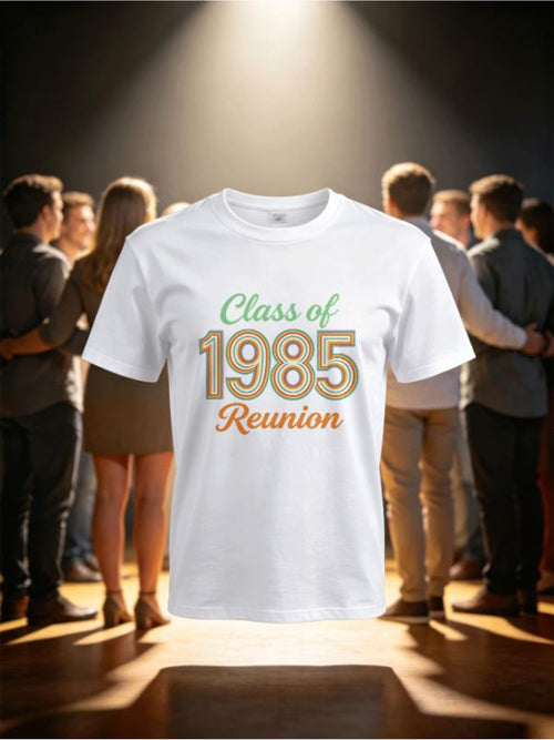 Class of 1985 Reunion T‑Shirt, Vintage Rainbow Concentric Number Graphic Tee, Retro 80s Vibe Throwback Squad Shirt, Men Casual Top for Alumni Meet‑up Celebration