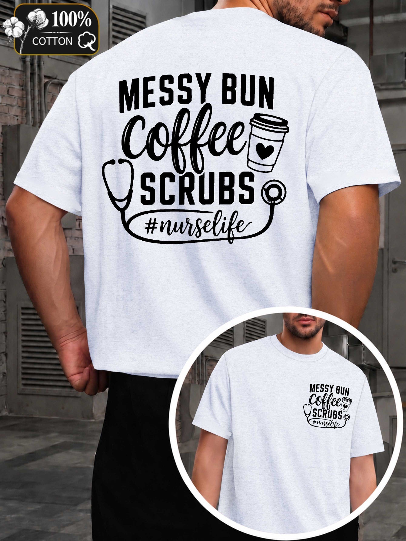 Coffee Scrubs Life Men's -Themed T-Shirts - Coffee Print & Suitable for - Wear, Round Neck Casual Regular Fit Tee with Subtle Markings, Machine Washable for Healthcare Professionals and Everyday Outfits
