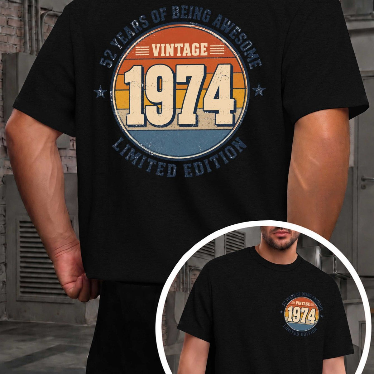 Men's Vintage 1974 Limited Edition T-Shirt - Retro 1974 Print Round Neck Casual Tee, Suitable for Year-Round Wear, Machine Washable Apparel with Original Markings, Nostalgic Gift for Everyday Use & Special Occasions