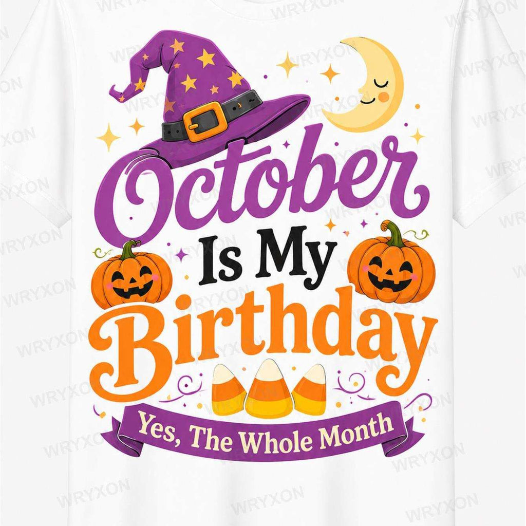 1pc Men's & October Is My Birthday Witch Hat Pumpkin Moon Candy Corn Graphic Short Sleeve T Shirt Halloween Birthday Casual Top