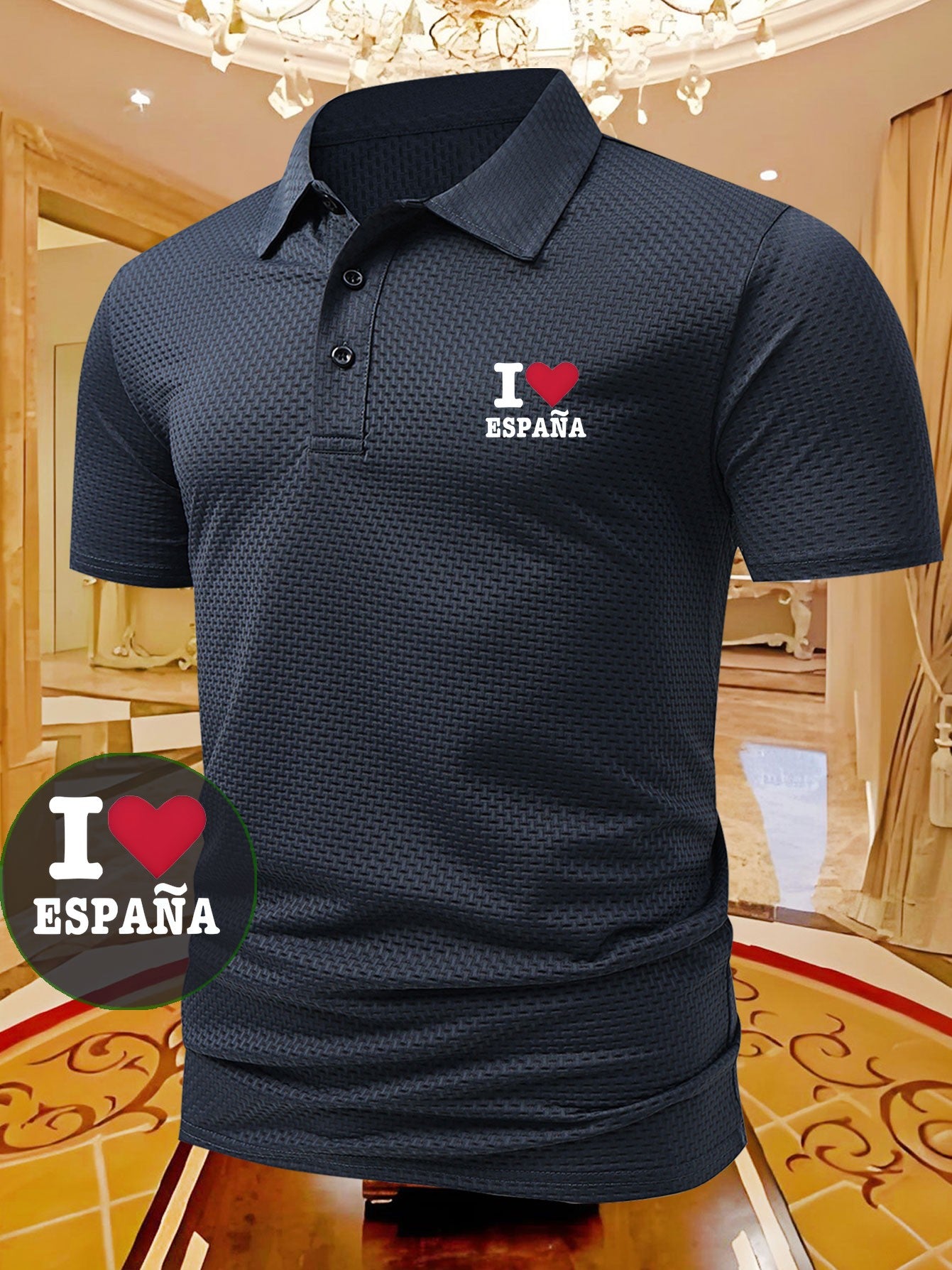 I Love Spain Letter Print Men's Trendy Casual Polo Shirt, Classic Pattern Print T-Shirt, Lapel Plaid Top Style, Versatile and Stylish, Suitable for Both Business and Casual Wear, Ideal Holiday Gift Choice