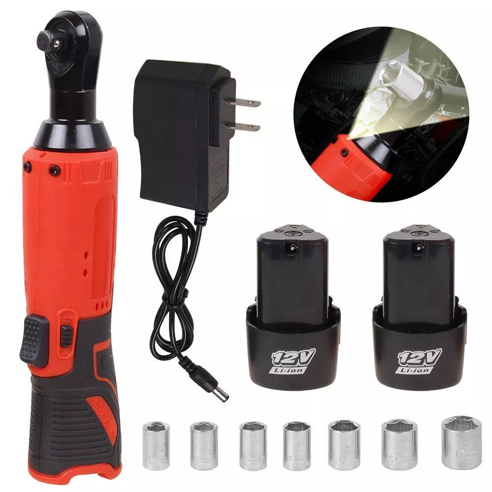 Cordless Electric Ratchet Wrench Set, 12V Power Ratchet Kit 3/8" with 2 Packs Batteries, Included 7 Sockets and Charger, Variable Speed & LED Light