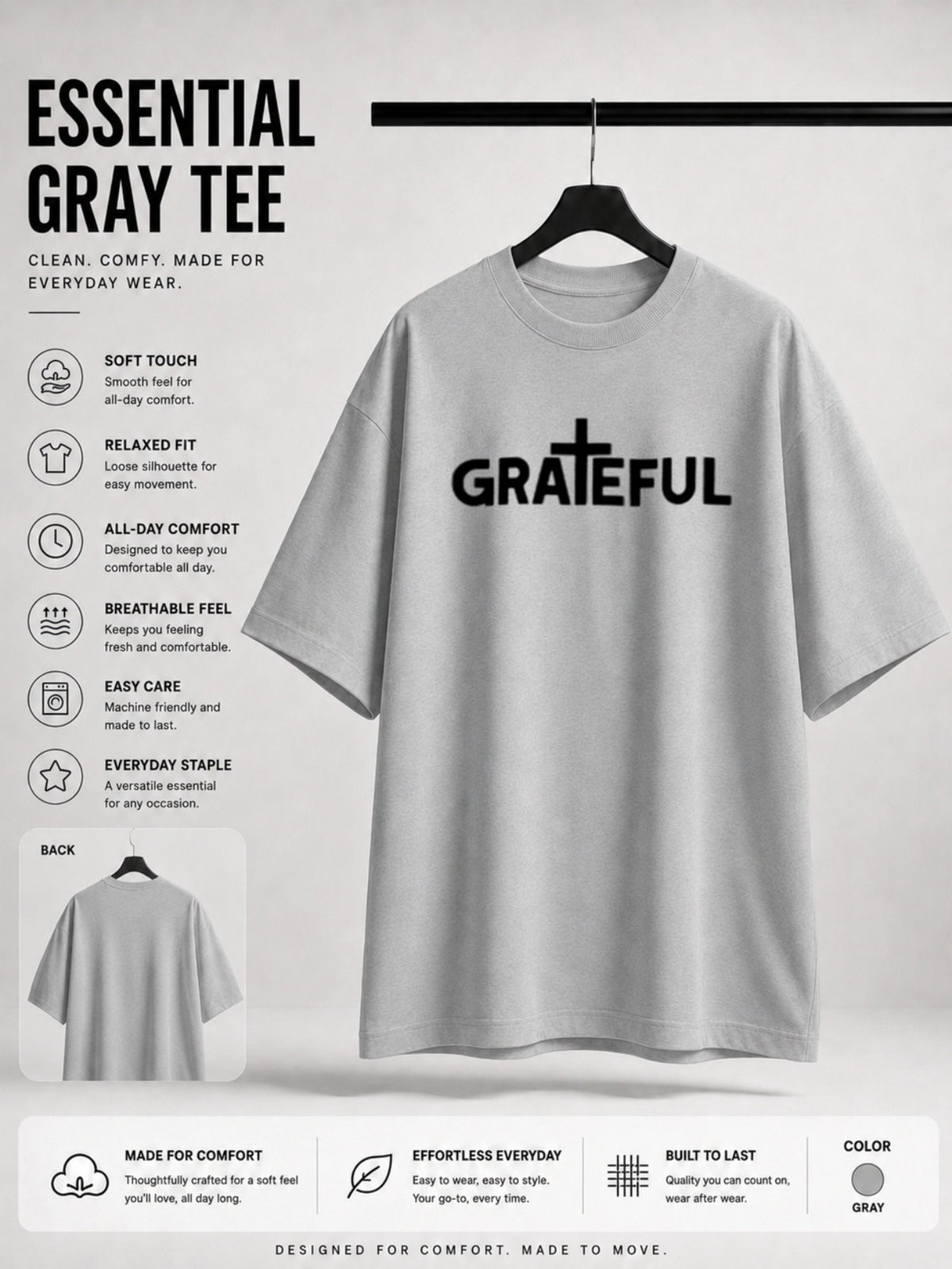 Casual Religious Style, Men's T-Shirt, Grateful Cross Text Design, Daily Wear Summer Season, Gift for Christian Men Believers PLUS SIZE, PLUS SIZE