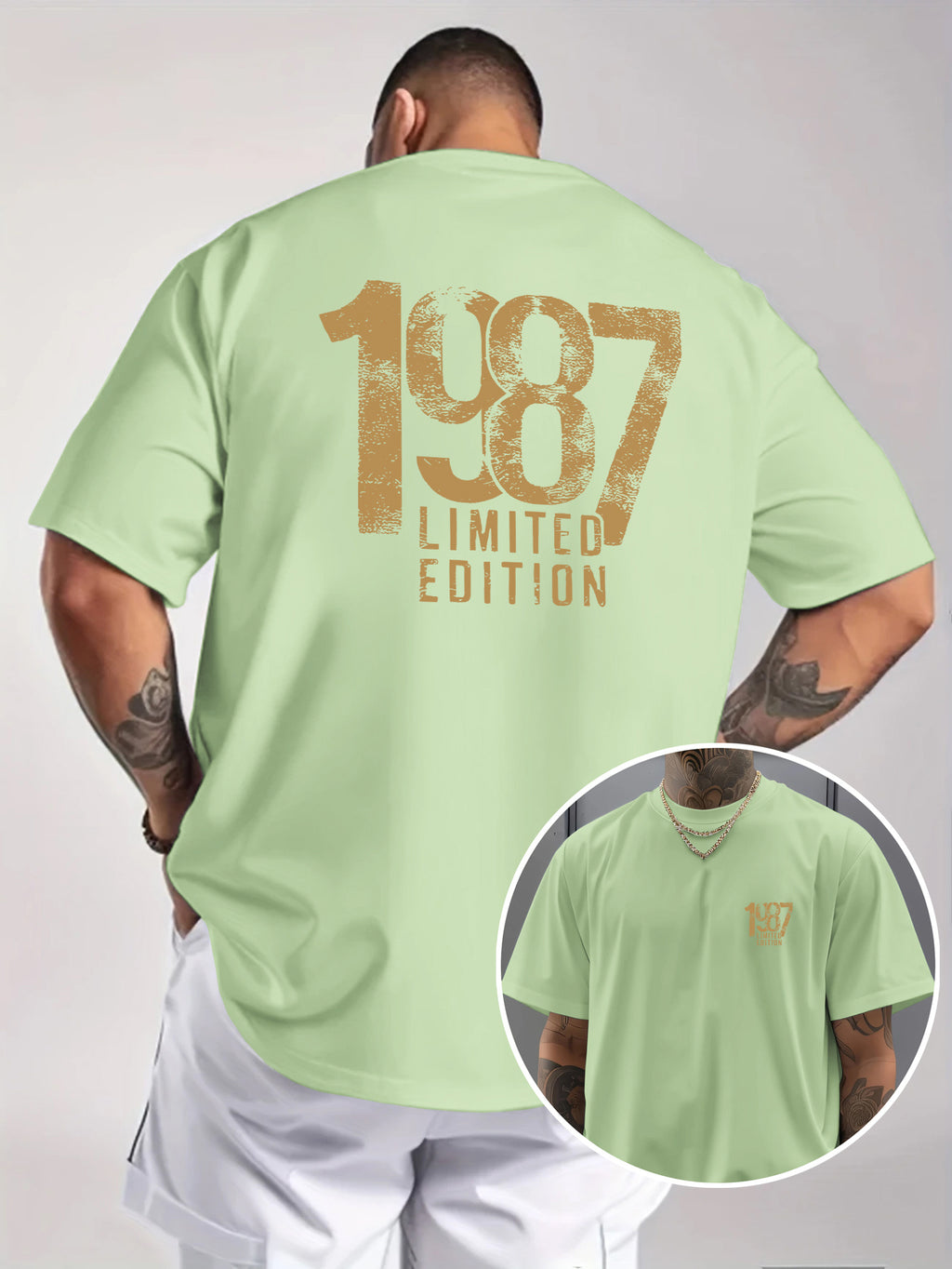 Men'S Trendy Round Neck T-Shirt, Casual Daily Short Sleeve Tee, 1987 Number And Letter Print T-Shirt, As a Gift