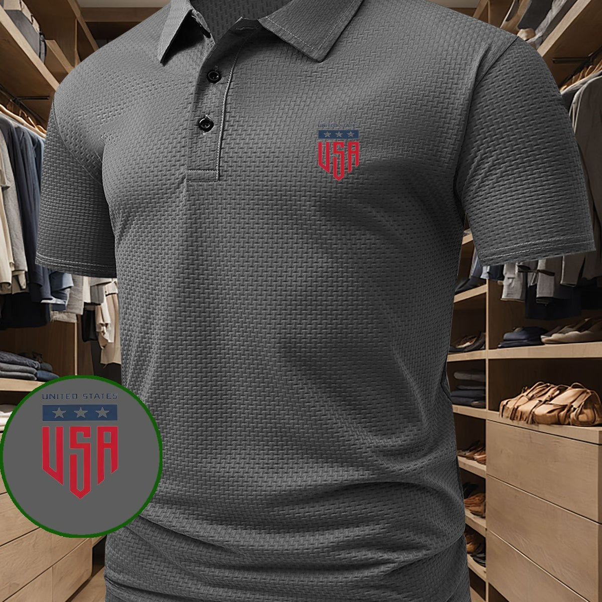 LIMITED STATES Letter Print Top, Men's Printed Polo Shirt, Short-Sleeve Lightweight Performance T-Shirt, Casual Sporty Style Stretchy Comfortable Golf Shirt, Versatile Men's Top