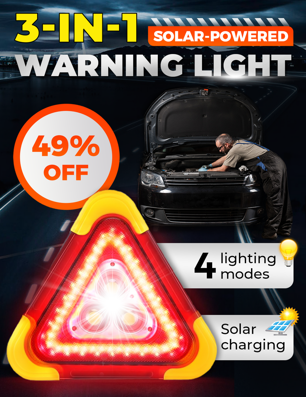 🔥2025 New Arrival🔥 2-IN-1 Solar Emergency Triangle Warning Light at the Roadside