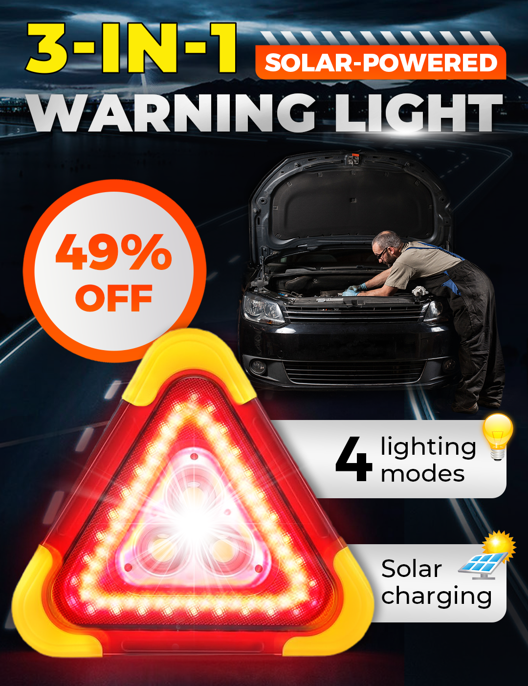 🔥2025 New Arrival🔥 2-IN-1 Solar Emergency Triangle Warning Light at the Roadside