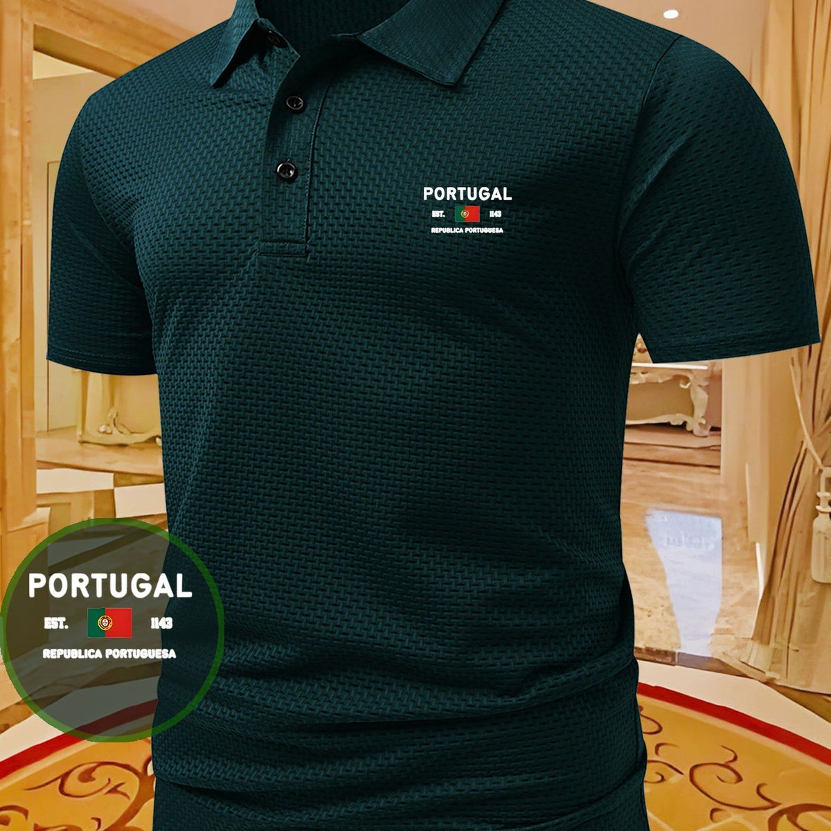 PORTUGAL Letter Pattern Men's Printed Polo Shirt, Short-Sleeve Lightweight Performance T-Shirt, Casual Sporty Style Stretchy Comfortable Plaid Top
