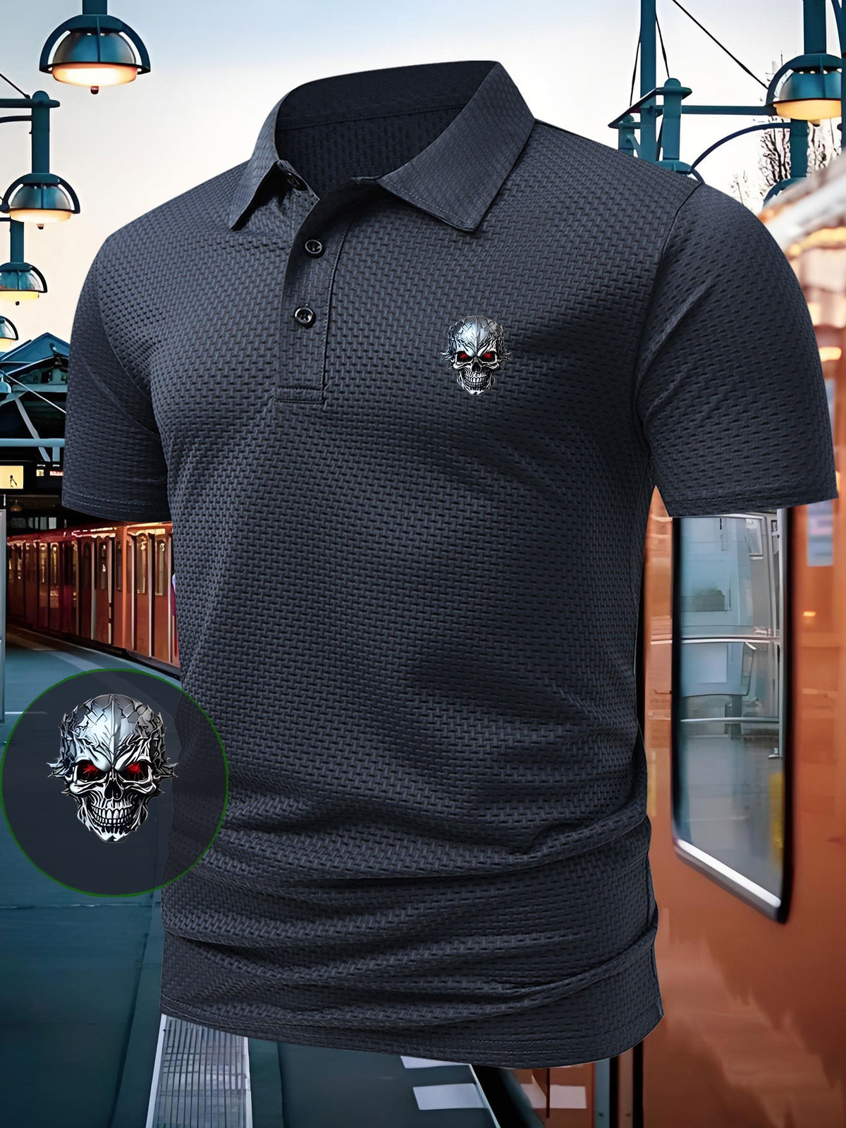 1pc Skull Pattern Print Polo Shirt, Short Sleeve Lightweight Performance Style T-Shirt, Casual Athletic Stretch Comfortable Shirt