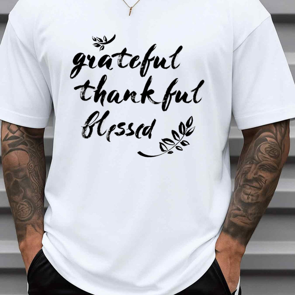 Men's Plus Size 3XL Grateful Thankful Blessed T-Shirt - White Faith Apparel with Short Sleeve Casual Round Neck Tee, Durable Digital Print for Church, Casual Attire & Gifts