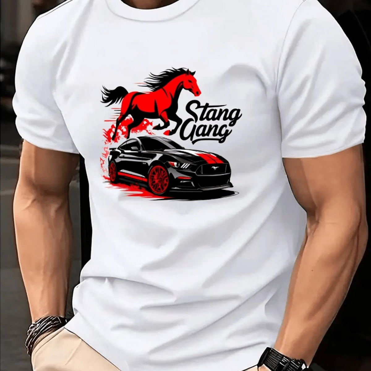 Men's Vintage Hip-Hop T-Shirt - Soft Breathable Crew Neck Short Sleeve Shirt with Retro Car & Horse Themed Graphics, Suitable for Summer Parties, Casual Wear, Machine Washable Regular Fit Male Fashion