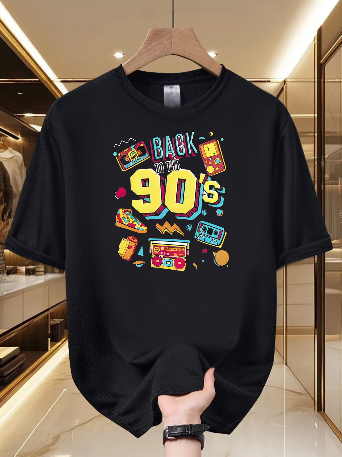 Men'S 90S Retro Graphic Tee - Vintage Feel, Comfortable And Airy, Made of 100% Polyester, Round Neck, Short Sleeves for Summer, Vibrant Print, Retro Hip-Hop Style Shirt