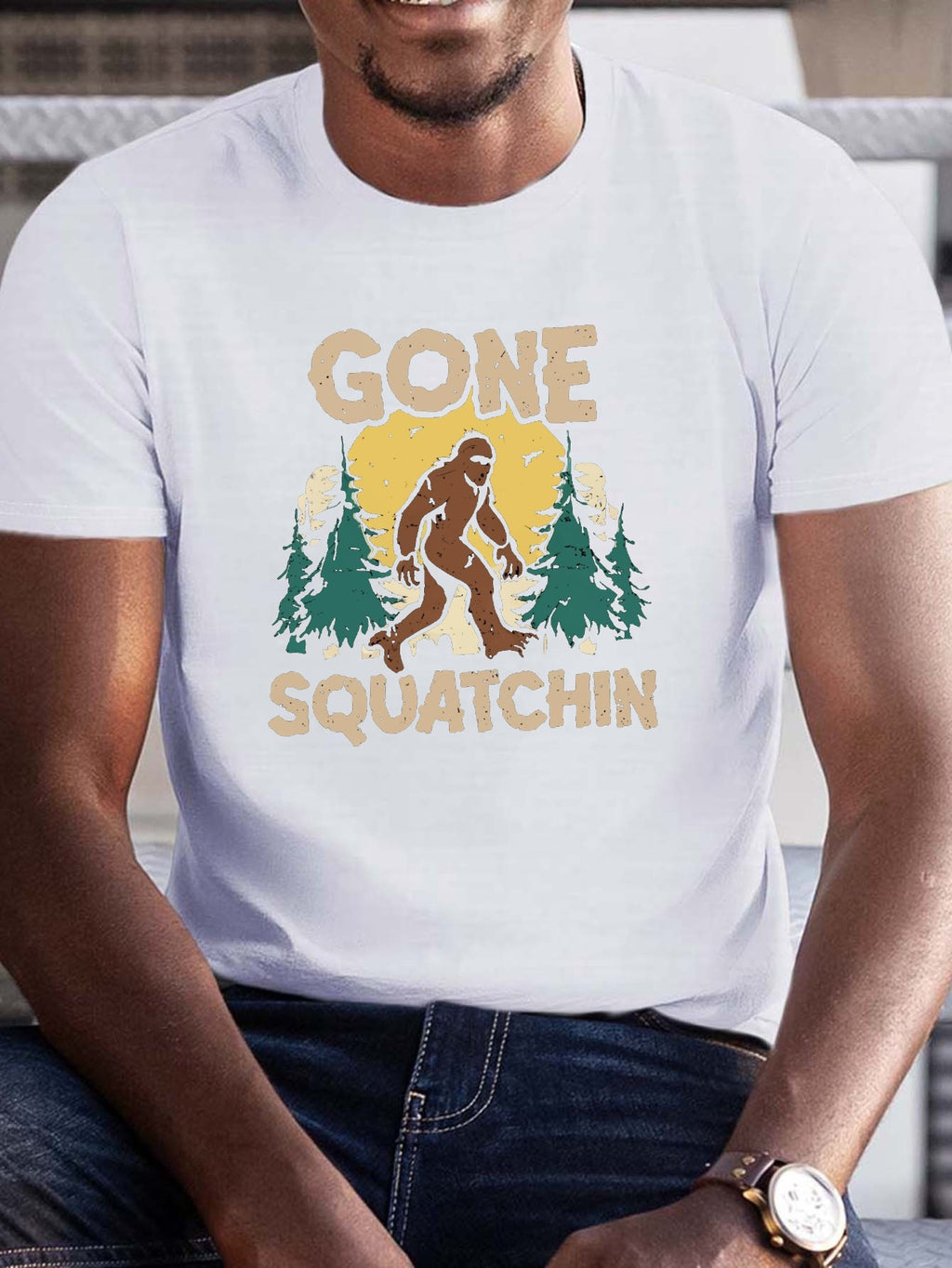 Plus Size Men's Summer T-shirt, Sasquatch T Shirt Gone Squatchin Graphic Print Short Sleeve Tees, Trendy Casual Tops For Daily Life, Big & Tall