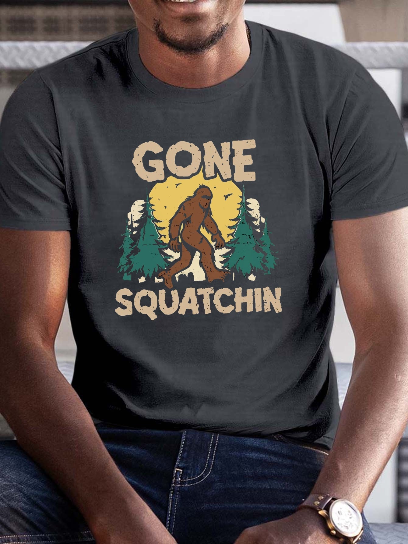 Plus Size Men's Summer T-shirt, Sasquatch T Shirt Gone Squatchin Graphic Print Short Sleeve Tees, Trendy Casual Tops For Daily Life, Big & Tall