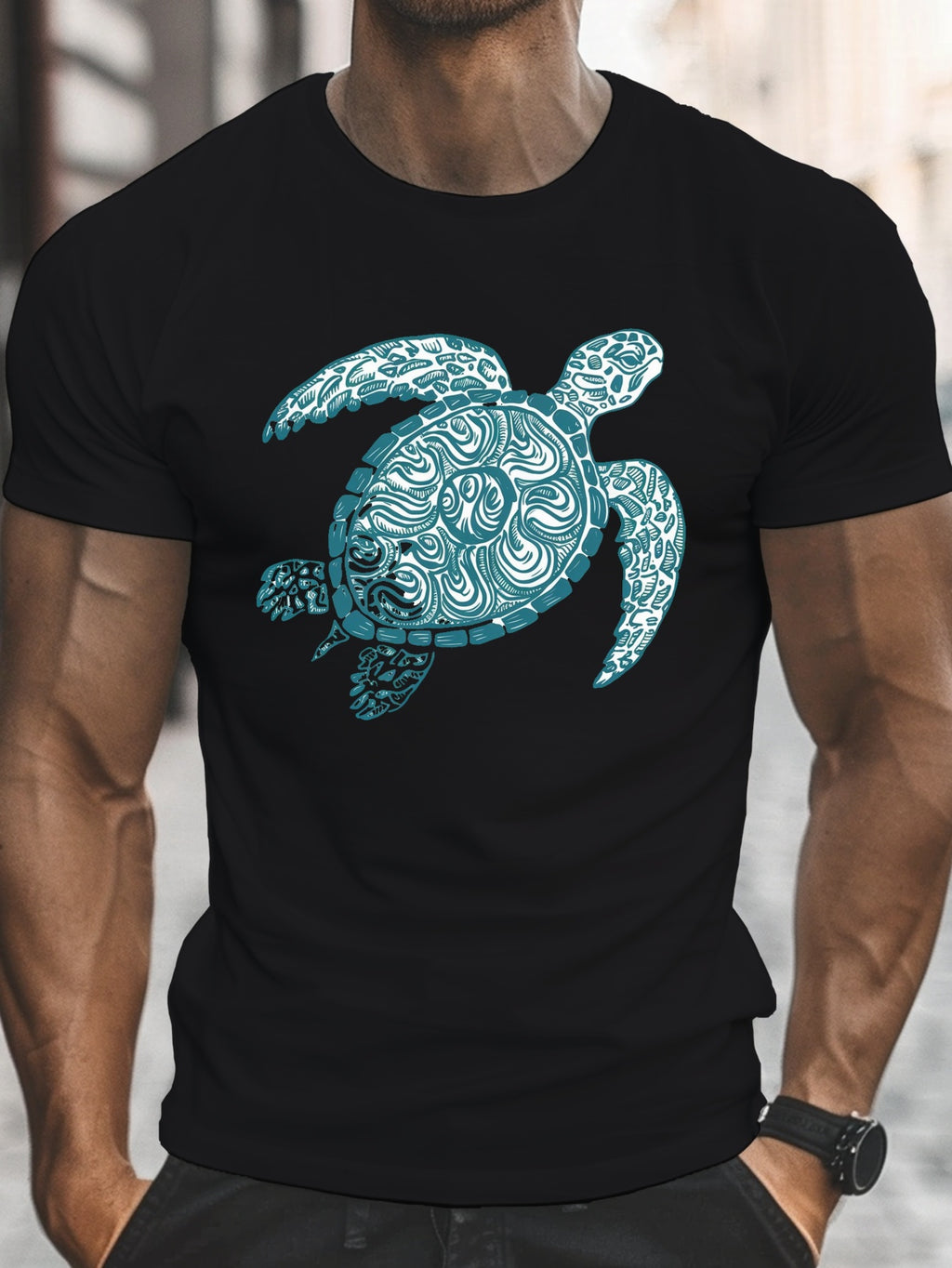 Tranquil Sea Turtle Illustration Print, Men'S Round Crew Neck Short Sleeve Tee, Casual T-Shirt Casual Comfy Lightweight Top for Summer