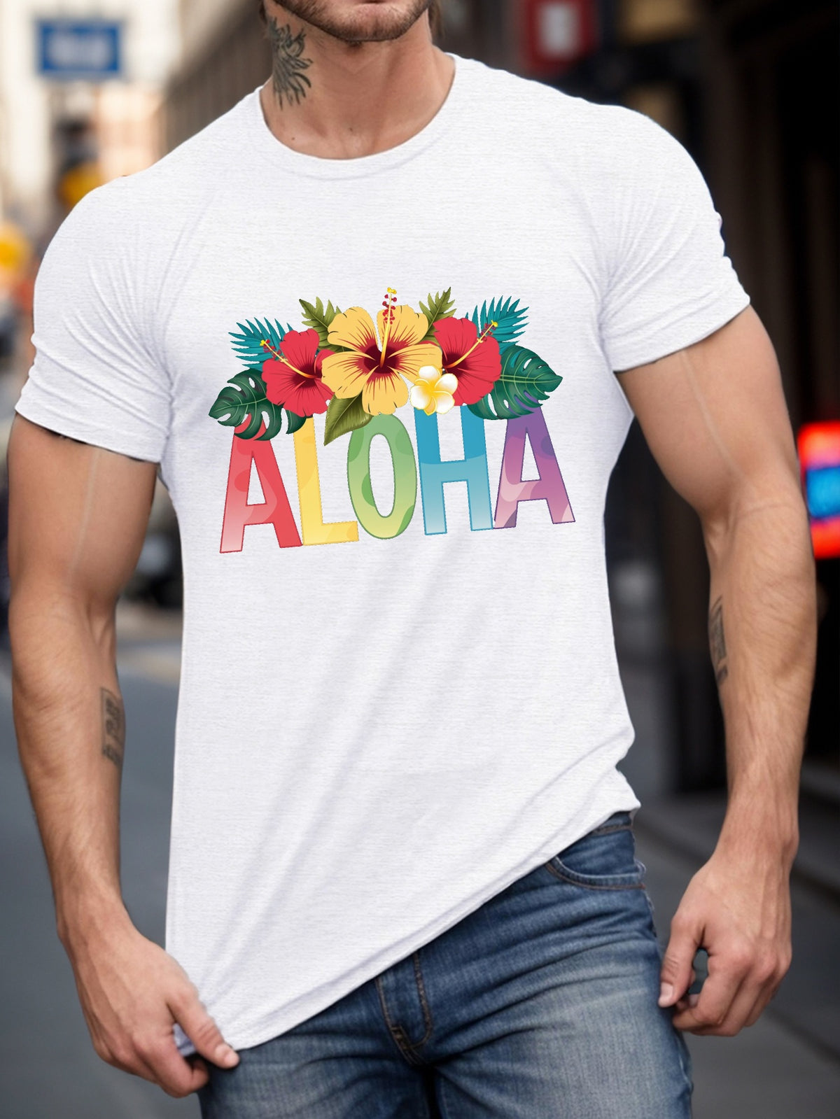 Plus Size Men's Tropical Floral Print T-Shirt - Casual Crew Neck, Short Sleeve, Breathable Polyester, Machine Washable - Perfect for Summer & Daily Wear, PLUS SIZE