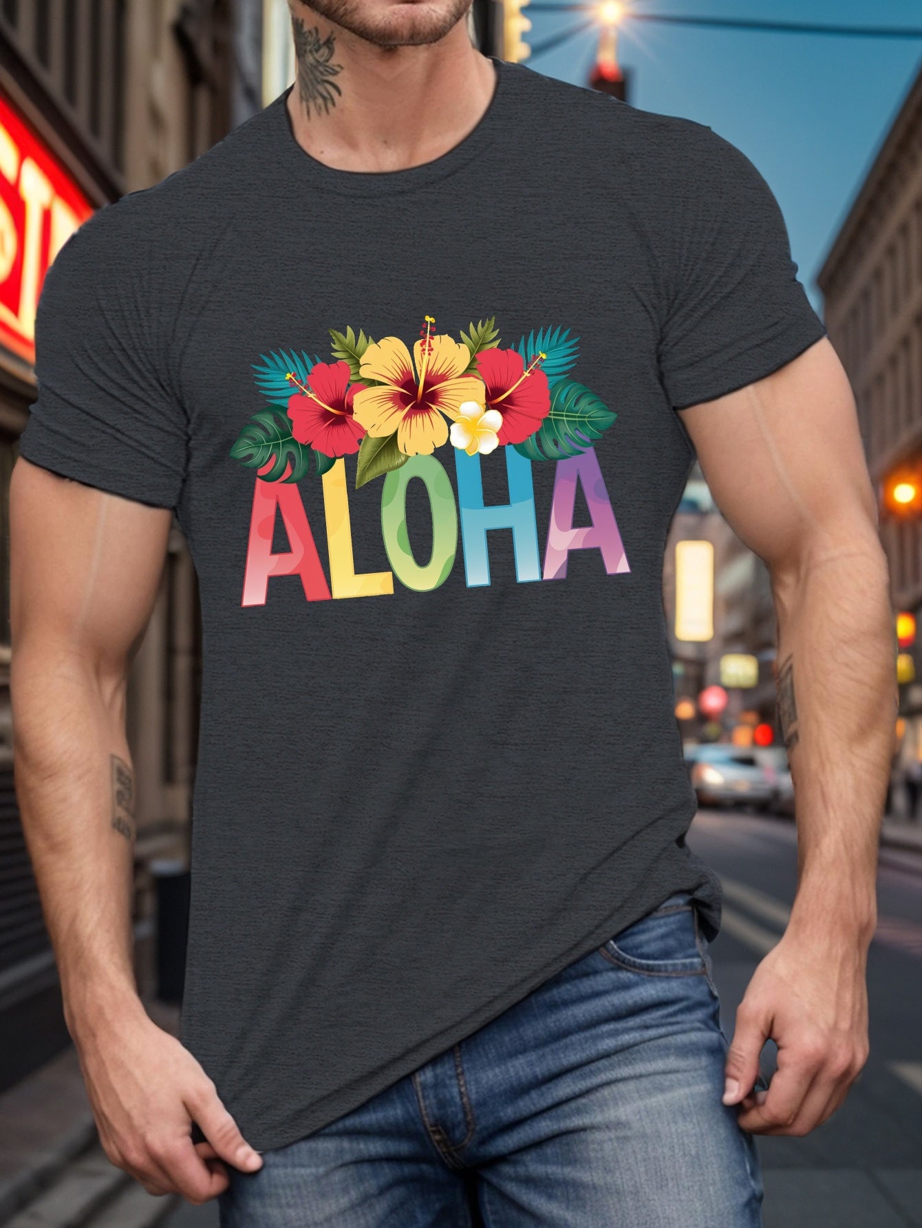 Plus Size Men's Tropical Floral Print T-Shirt - Casual Crew Neck, Short Sleeve, Breathable Polyester, Machine Washable - Perfect for Summer & Daily Wear, PLUS SIZE