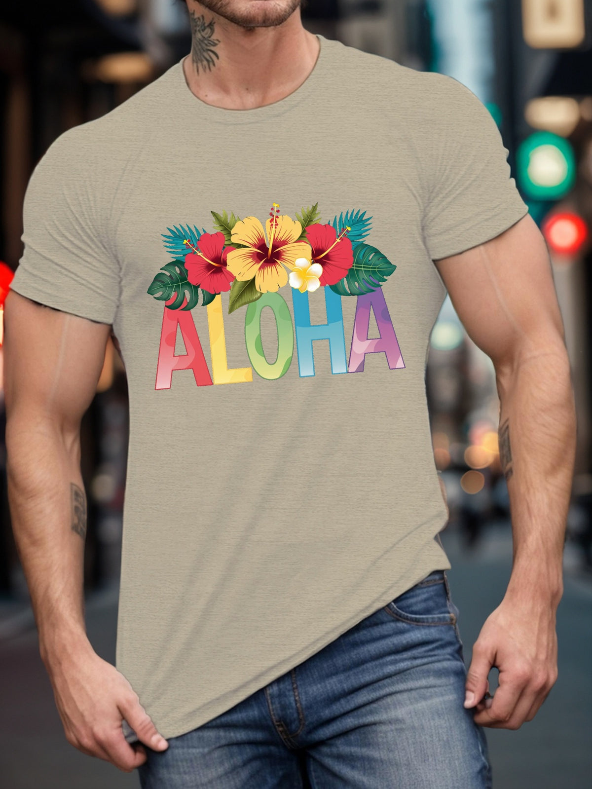 Plus Size Men's Tropical Floral Print T-Shirt - Casual Crew Neck, Short Sleeve, Breathable Polyester, Machine Washable - Perfect for Summer & Daily Wear, PLUS SIZE