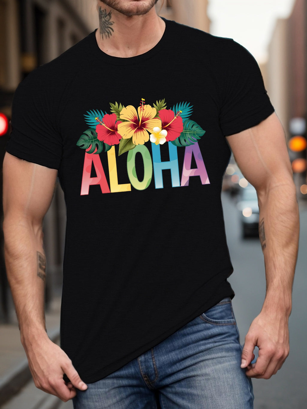Plus Size Men's Tropical Floral Print T-Shirt - Casual Crew Neck, Short Sleeve, Breathable Polyester, Machine Washable - Perfect for Summer & Daily Wear, PLUS SIZE