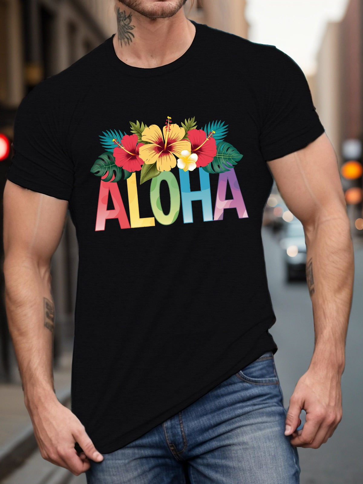 Plus Size Men's Tropical Floral Print T-Shirt - Casual Crew Neck, Short Sleeve, Breathable Polyester, Machine Washable - Perfect for Summer & Daily Wear, PLUS SIZE