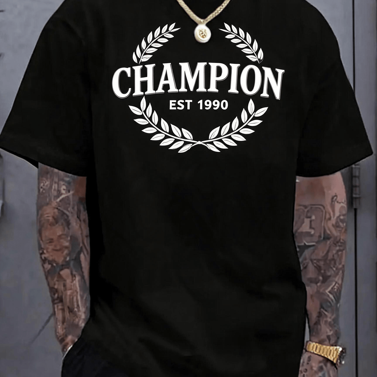 Men's T-Shirt Trendy, Short Sleeve, Champion Est 1990 Laurel Wreath Print, Cotton, Comfortable, Versatile