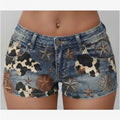 Womens Washed Denim Shorts with Cow Print and Star Patches, Cute Sexy Casual Summer Shorts for Beach, Cafe, or Outdoor Leisure, Lightweight Comfortable Fit