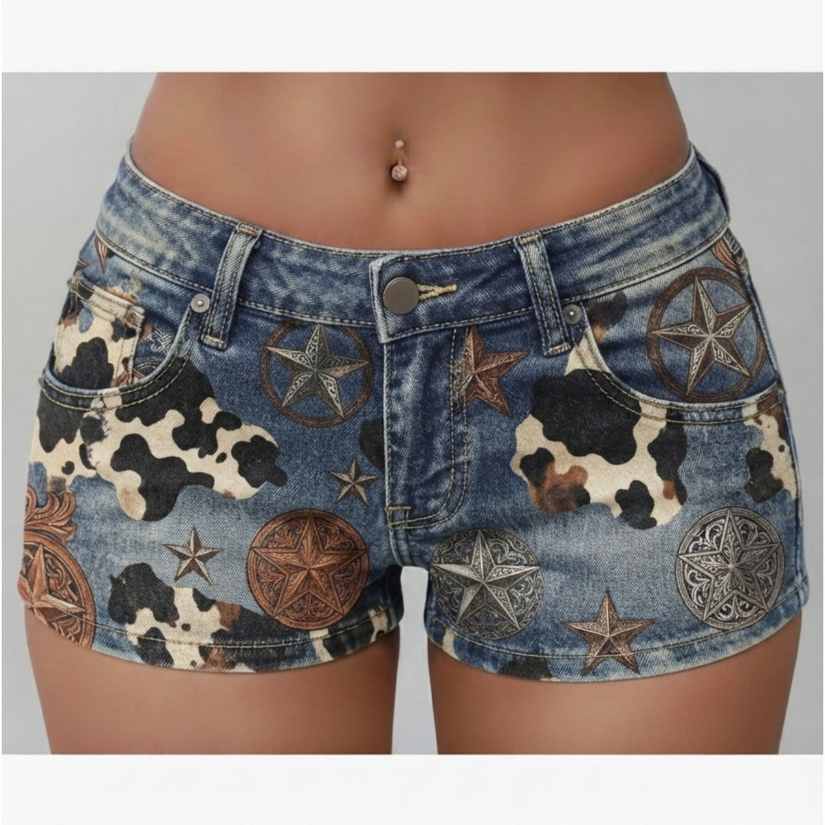 Womens Washed Denim Shorts with Cow Print and Star Patches, Cute Sexy Casual Summer Shorts for Beach, Cafe, or Outdoor Leisure, Lightweight Comfortable Fit
