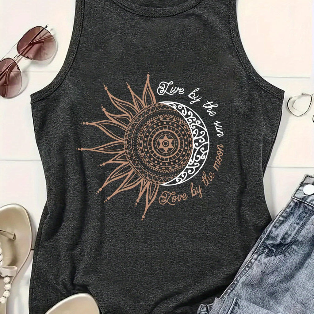 Women's  Cartoon Moon Print Hurdle Vest, Casual Crew Neck Sleeveless, Spring\u002Fsummer, Women's Fashion Vest