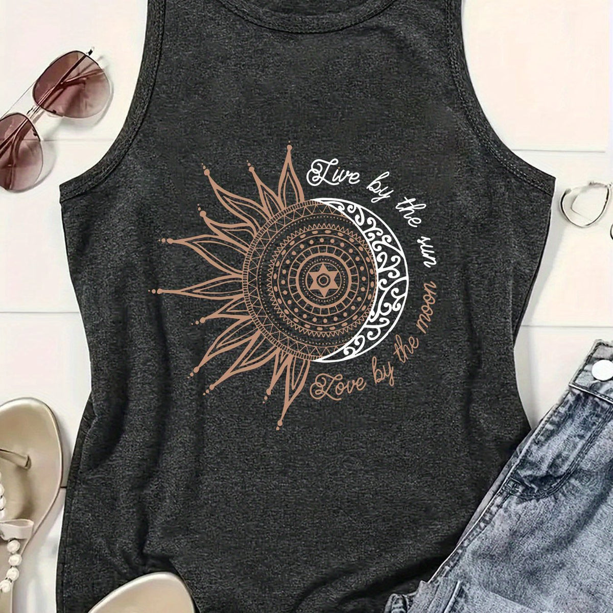 Women's  Cartoon Moon Print Hurdle Vest, Casual Crew Neck Sleeveless, Spring\u002Fsummer, Women's Fashion Vest