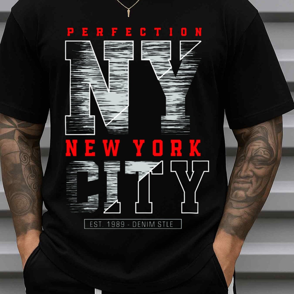 Men's NY Perfection Tee 180g 100% Cotton T-Shirt - Black Short Sleeve Round Neck Casual Shirt with Minimalist NY Logo Print, All-Season Comfortable Casual Attire for Gym, Office, Parties, Gift for Christmas, Halloween, Birthdays