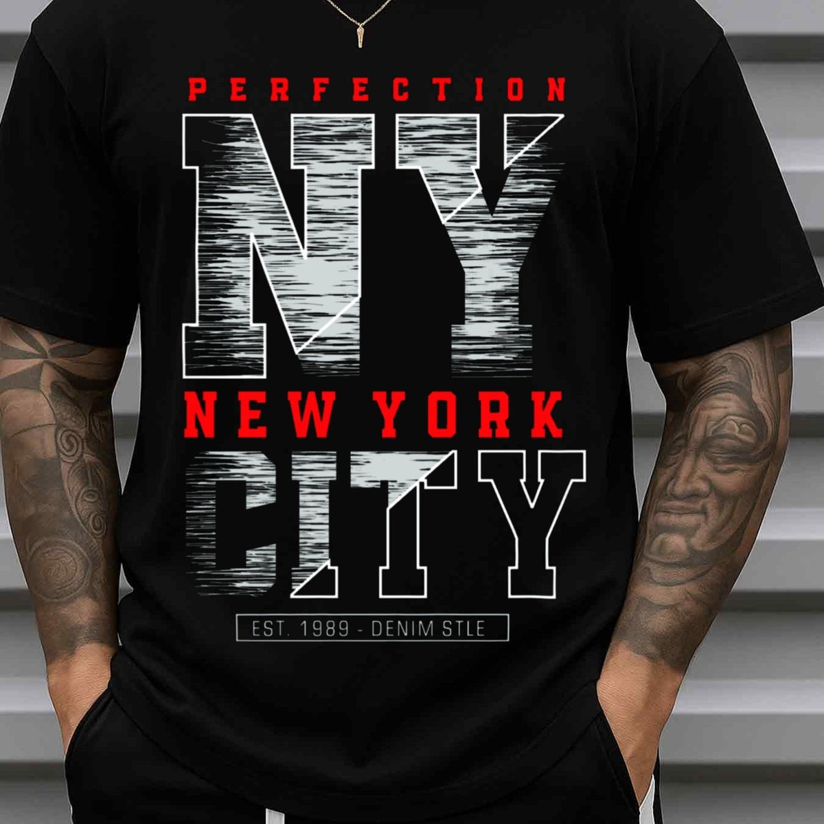 Men's NY Perfection Tee 180g 100% Cotton T-Shirt - Black Short Sleeve Round Neck Casual Shirt with Minimalist NY Logo Print, All-Season Comfortable Casual Attire for Gym, Office, Parties, Gift for Christmas, Halloween, Birthdays