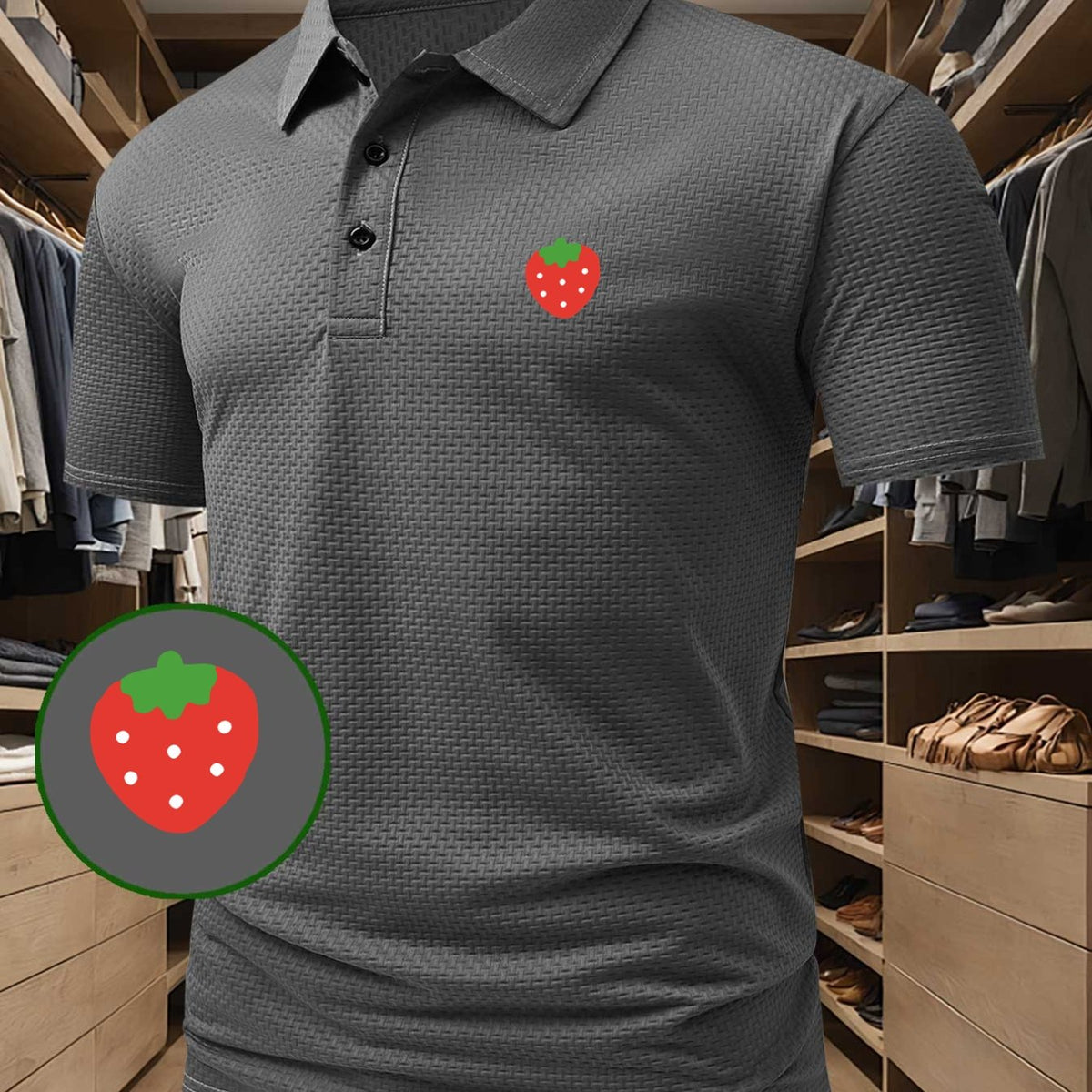 High-quality Men's Casual Polo Shirt with Strawberry Pattern Print, Sweat-wicking and Quick-drying Short-sleeve Top. Combines the Style of a T-shirt, Ideal for Gifting, Suitable for Both Business and Casual Wear