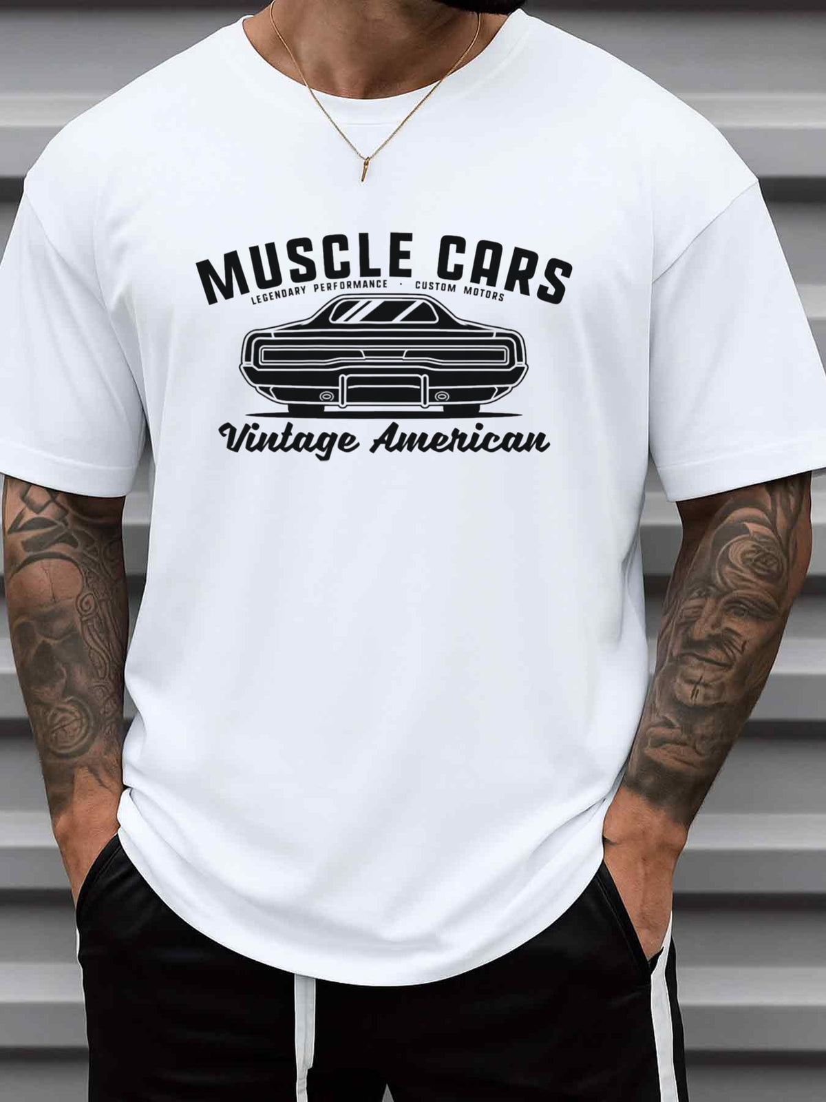 Men's Muscle Car Graphic T-Shirt 180GSM 100% Cotton Vintage Garage Print with Muscle Car & Classic Auto Design - Casual Short Sleeve Round Neck Tee for Car, Casual Attire, Gifts for Dad, Husband, Car Lovers