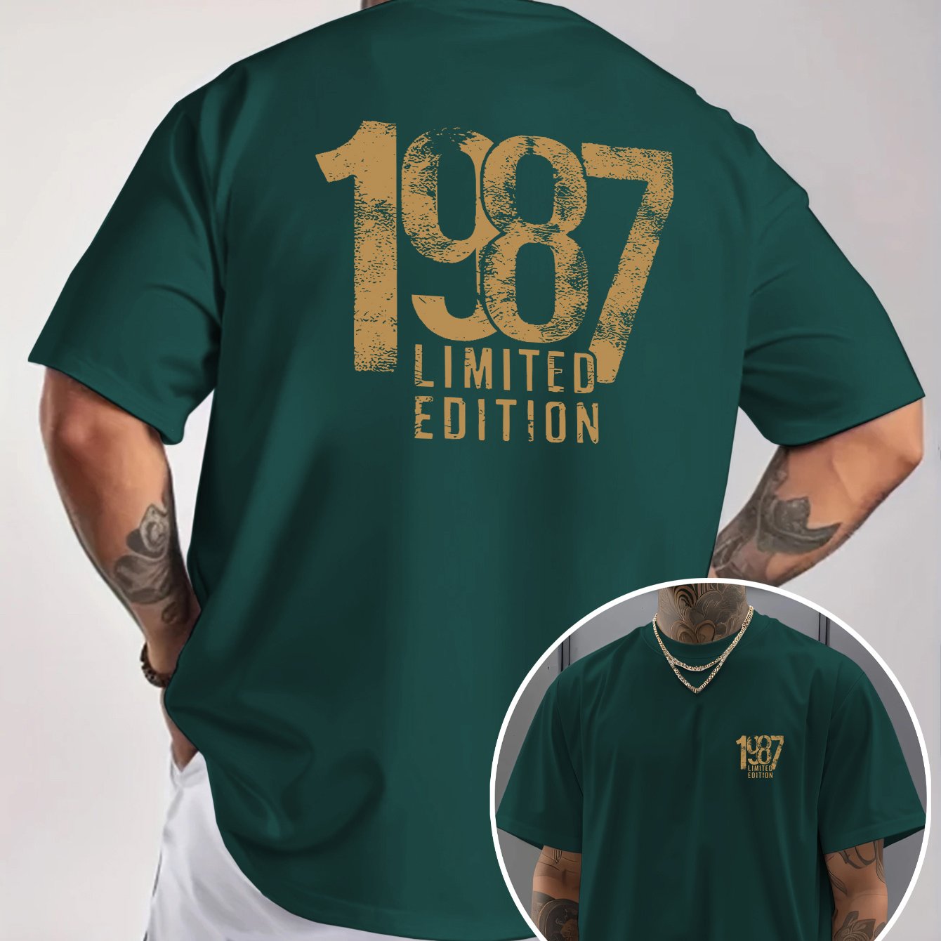 Men'S Trendy Round Neck T-Shirt, Casual Daily Short Sleeve Tee, 1987 Number And Letter Print T-Shirt, As a Gift