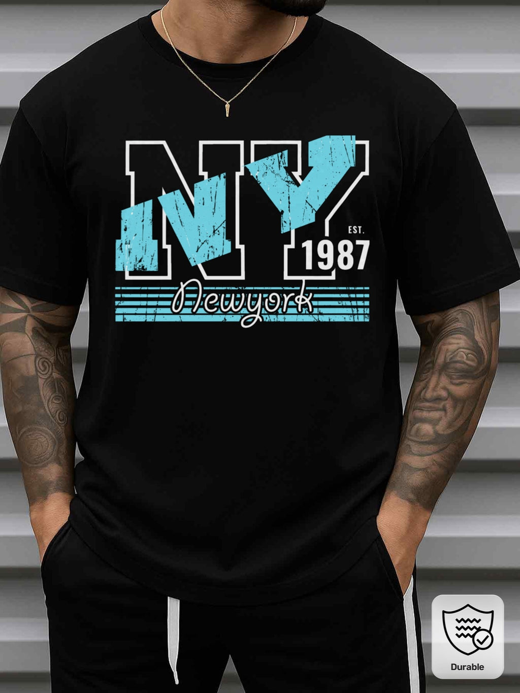 Men's NY 1987 Graphic T-Shirt - 100% Cotton 180GSM Black Tee with NY 1987 Print, Round Neck Short Sleeve Casual Streetwear for Hip-Hop Style, Gym & Casual Attire - Durable All-Season Fit Urban Fashion Top