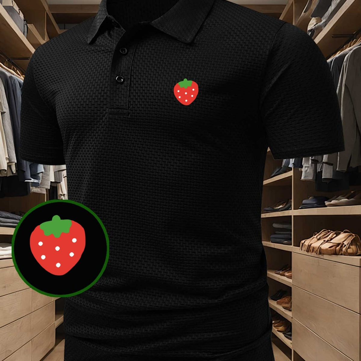 High-quality Men's Casual Polo Shirt with Strawberry Pattern Print, Sweat-wicking and Quick-drying Short-sleeve Top. Combines the Style of a T-shirt, Ideal for Gifting, Suitable for Both Business and Casual Wear