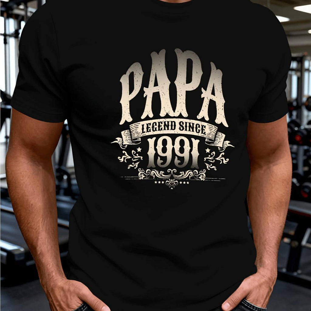 Plus Size Men'S Summer T-Shirt, PAPA Legend Since 1991 Graphic Print Tee, Trendy Casual Short Sleeve, Big & Tall Daily Wear Unisex 2026 Black T-Shirt