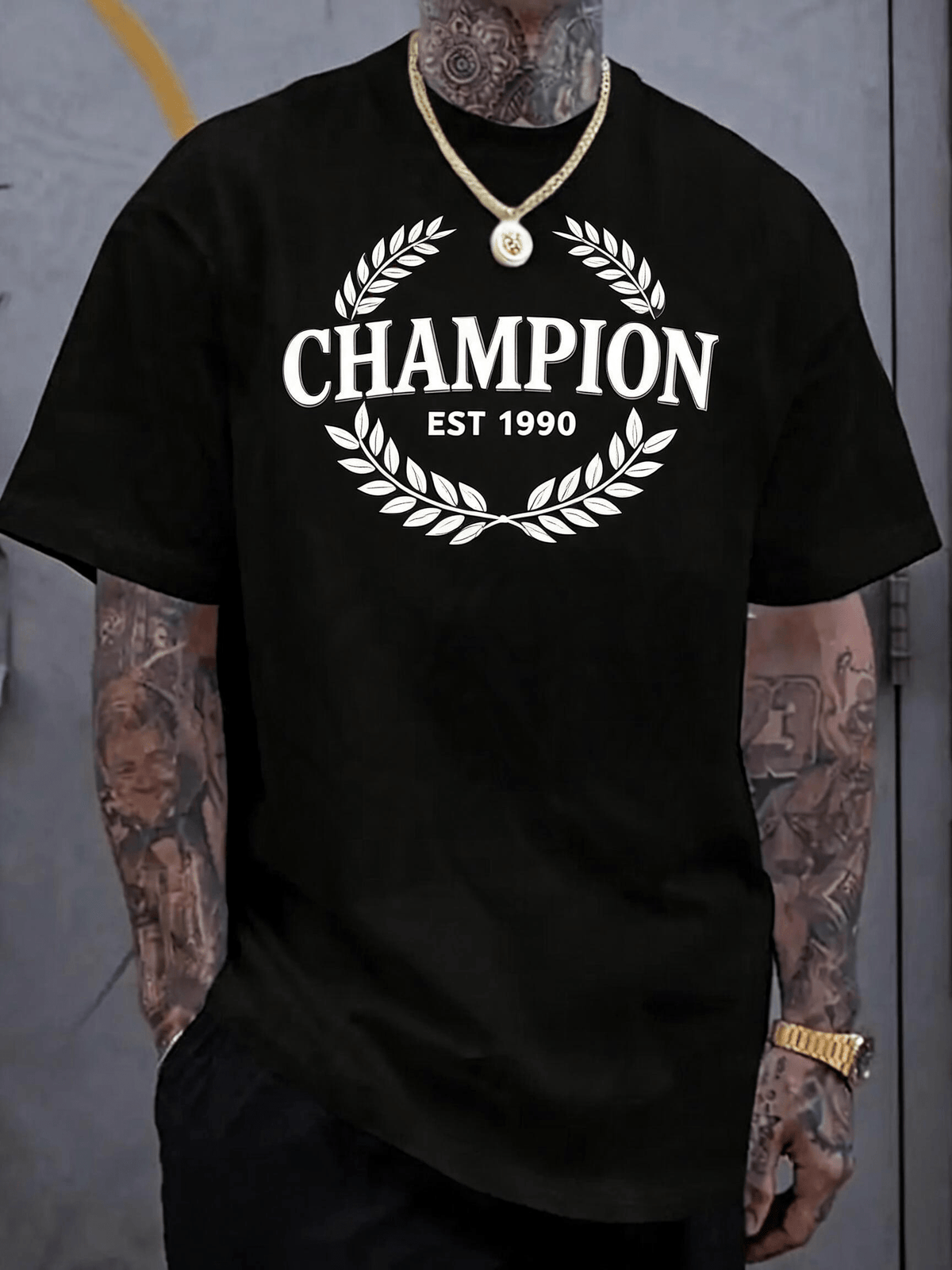Men's T-Shirt Trendy, Short Sleeve, Champion Est 1990 Laurel Wreath Print, Cotton, Comfortable, Versatile