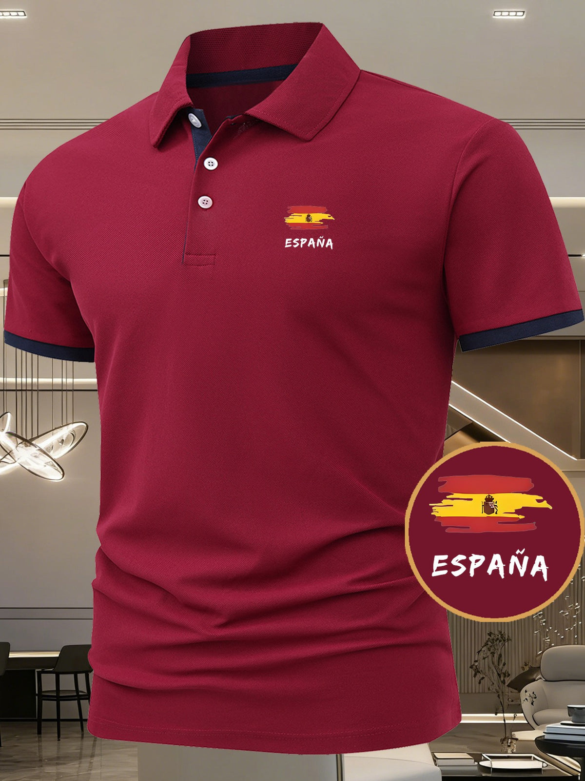 Spanish Logo Print POLO Shirt, Short-Sleeve Lightweight Performance T-Shirt, Casual Sporty Style Stretchy Comfortable Golf Shirt