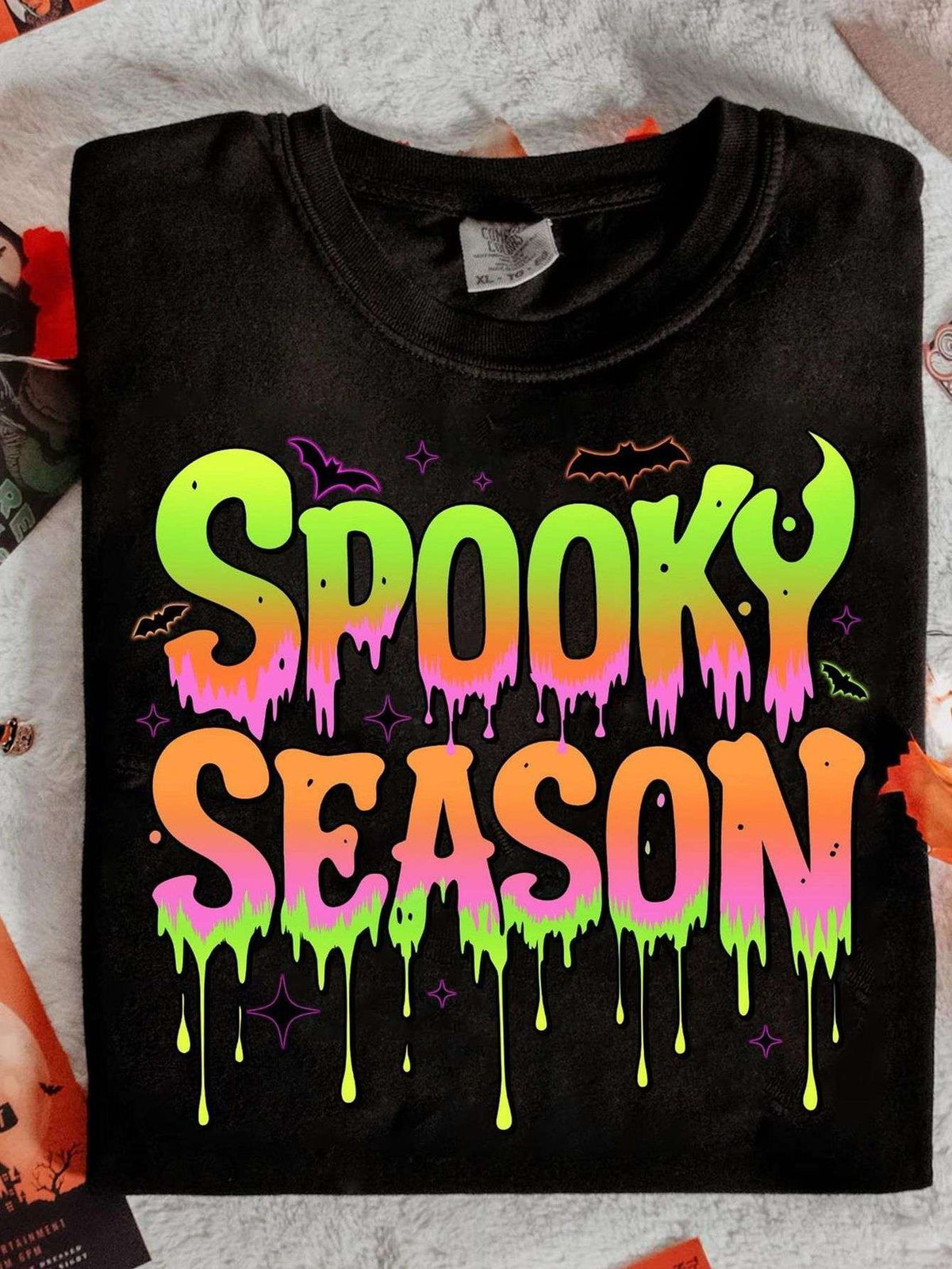 Men'S Halloween Shirts - Neon Glow-In-The-Dark Spooky Season Crew Neck Short Sleeve T-Shirt, Black Tee with Green & Pink Dripping & Bat Print, Casual Party Outfit, Halloween Costume, Comfortable