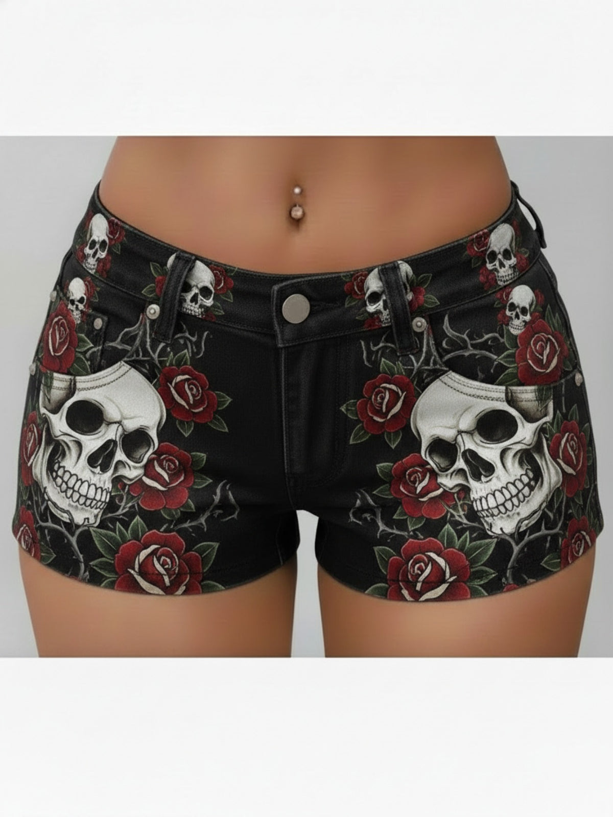 Plus Size, Women'S Skull And Rose Printed Denim Shorts for Summer Outings, Casual Wear, Lightweight And Durable Design, Perfect for Dates, Parties, Or Dining Out, Stylish Look for Women, Trendy Fashion Choice