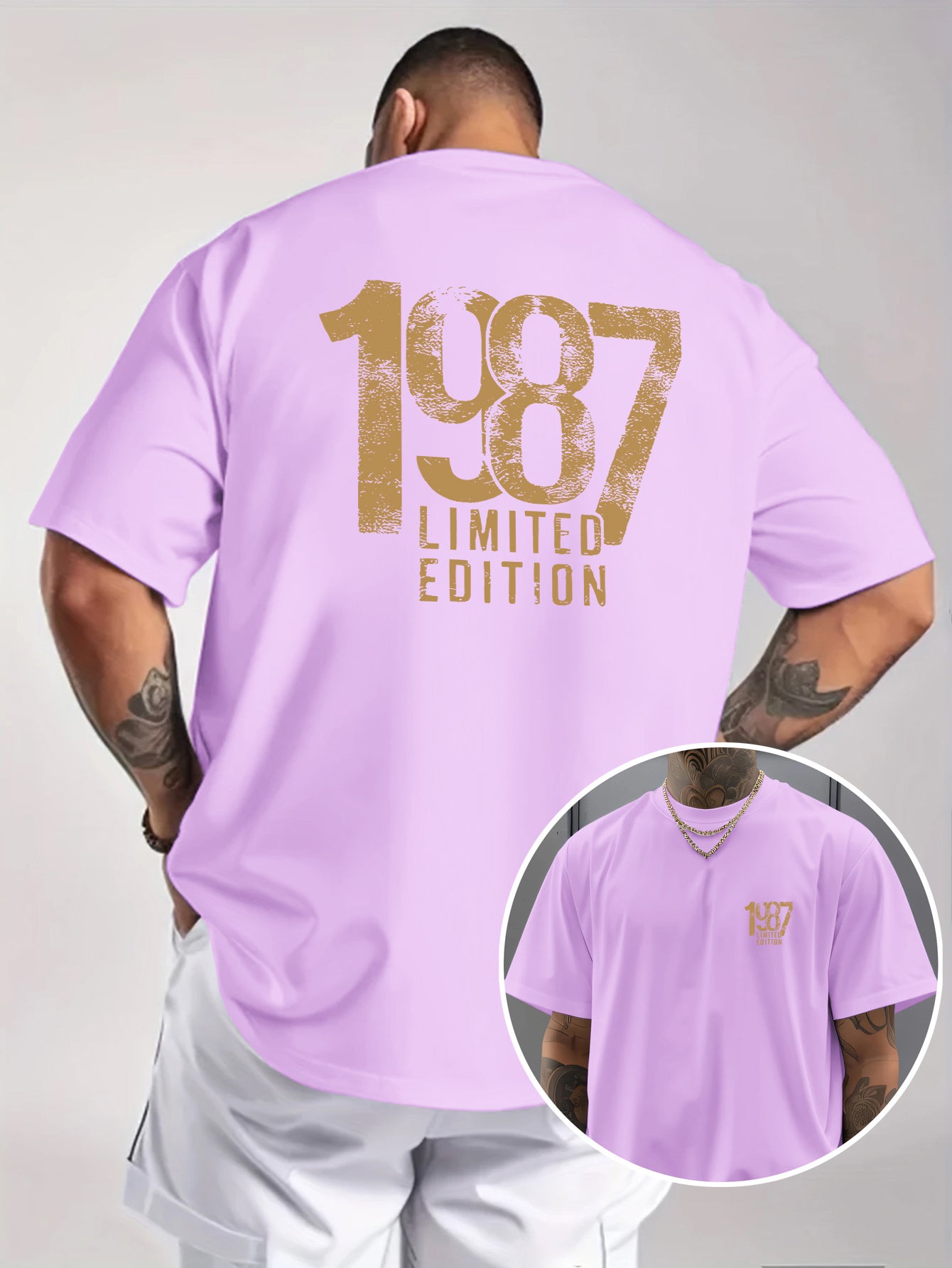 Men'S Trendy Round Neck T-Shirt, Casual Daily Short Sleeve Tee, 1987 Number And Letter Print T-Shirt, As a Gift