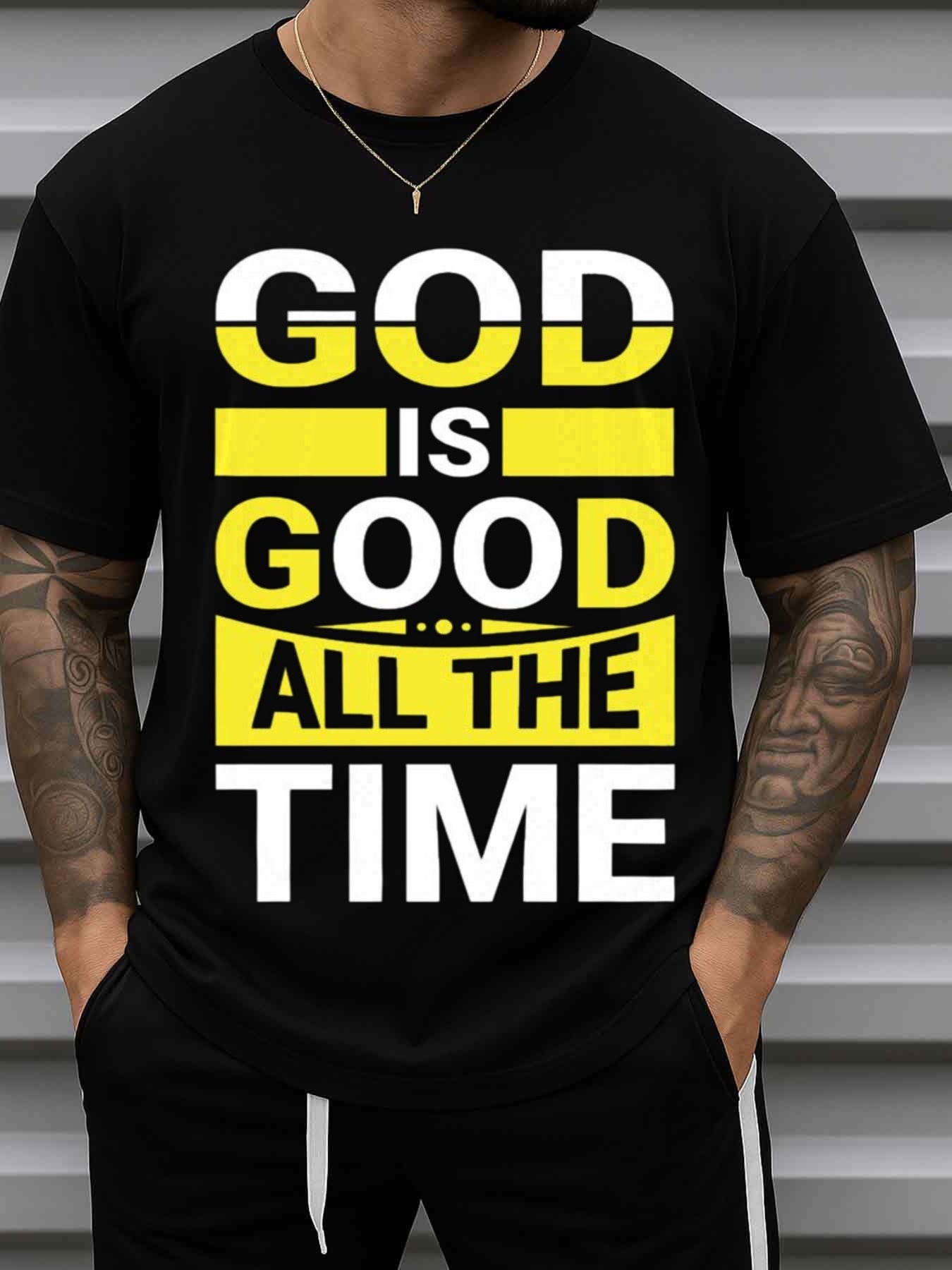 Men's God Is Good All Time Jesus T-Shirt - 100% Cotton 180GSM Faith Apparel with Short Sleeve Round Neck Casual Religious Tee for Church, Casual Attire & Christmas Gifts