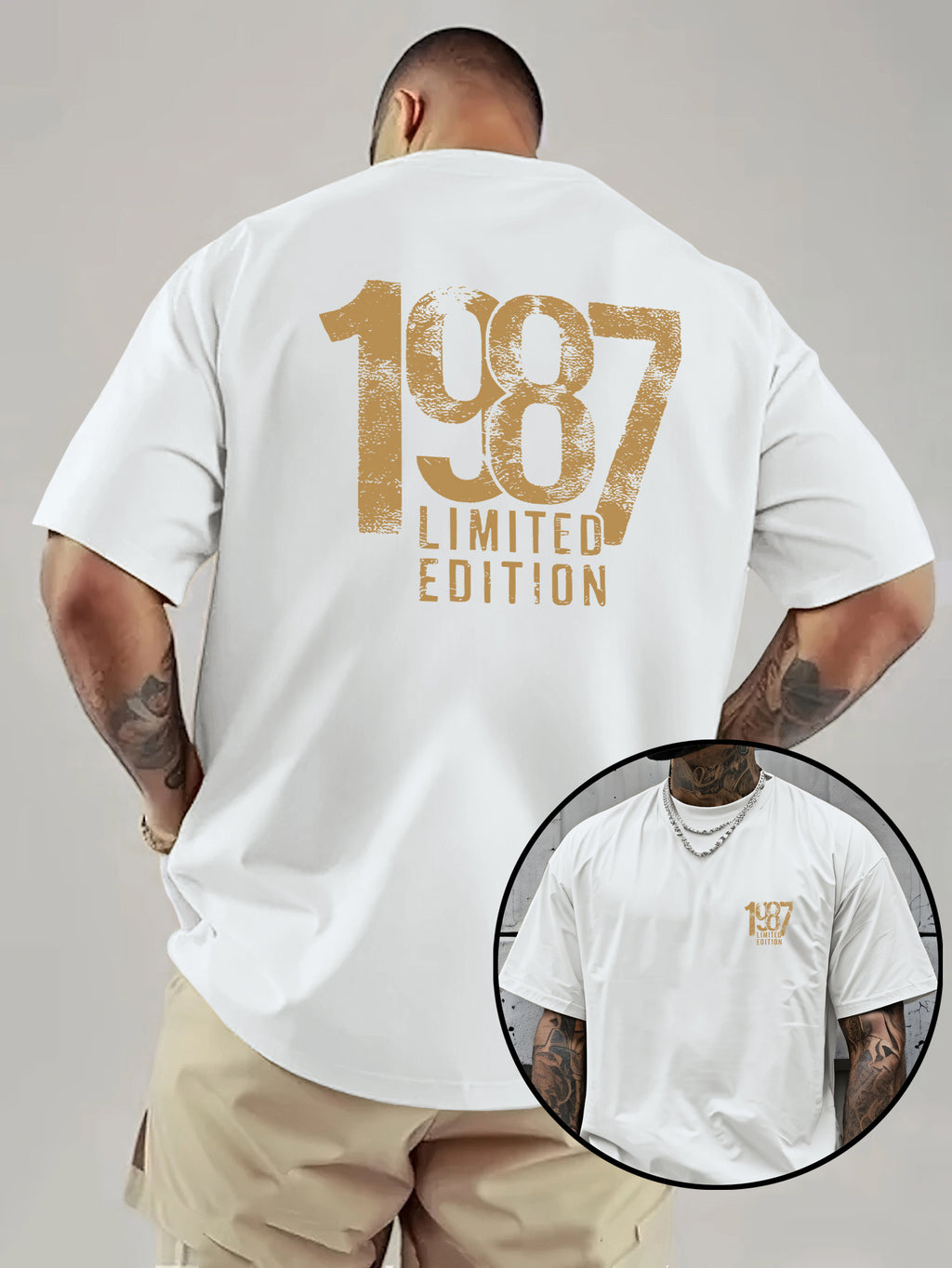 Men'S Trendy Round Neck T-Shirt, Casual Daily Short Sleeve Tee, 1987 Number And Letter Print T-Shirt, As a Gift