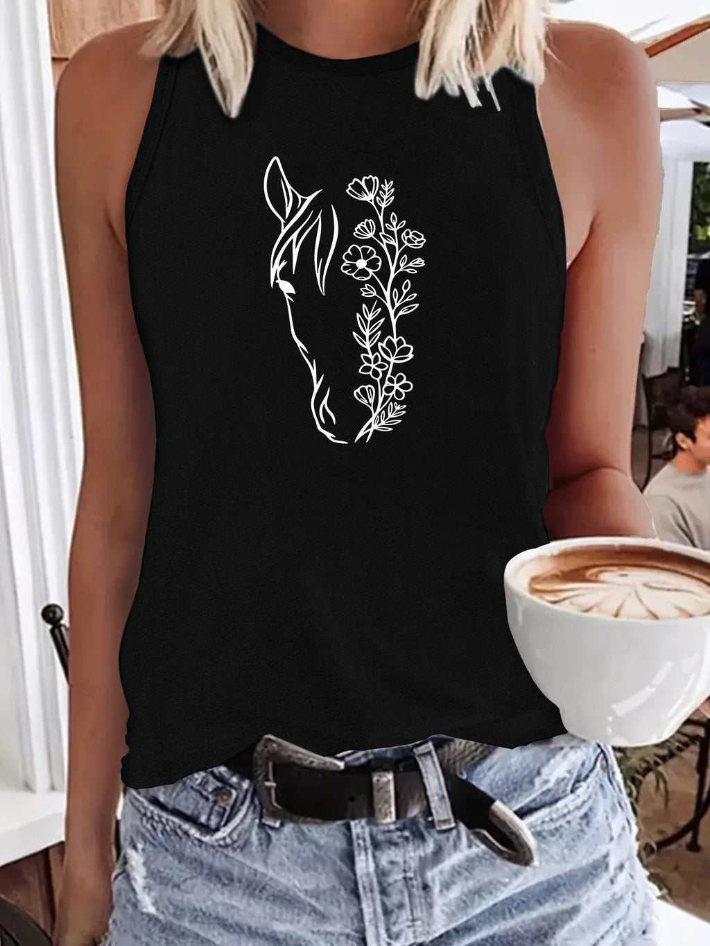 Women's Horse Head Line Art Print Sleeveless Tank Top - Minimalist Cowboy Cactus Sunflower Vest, Round Neck Summer Blouse Top, Machine Washable Casual Streetwear Suitable for Horse Riding & Casual Attire
