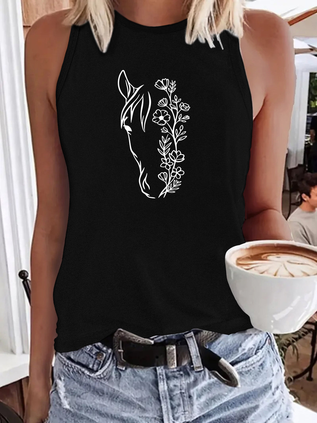 Women's Horse Head Line Art Print Sleeveless Tank Top - Minimalist Cowboy Cactus Sunflower Vest, Round Neck Summer Blouse Top, Machine Washable Casual Streetwear Suitable for Horse Riding & Casual Attire